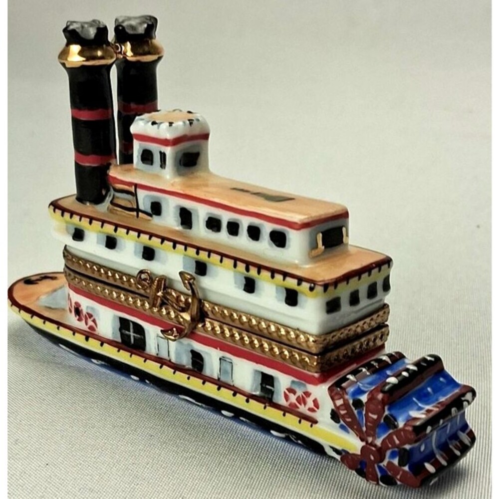 Limoges France Porcelain Trinket Box Paddle Steamboat Riverboat RM Peint Main